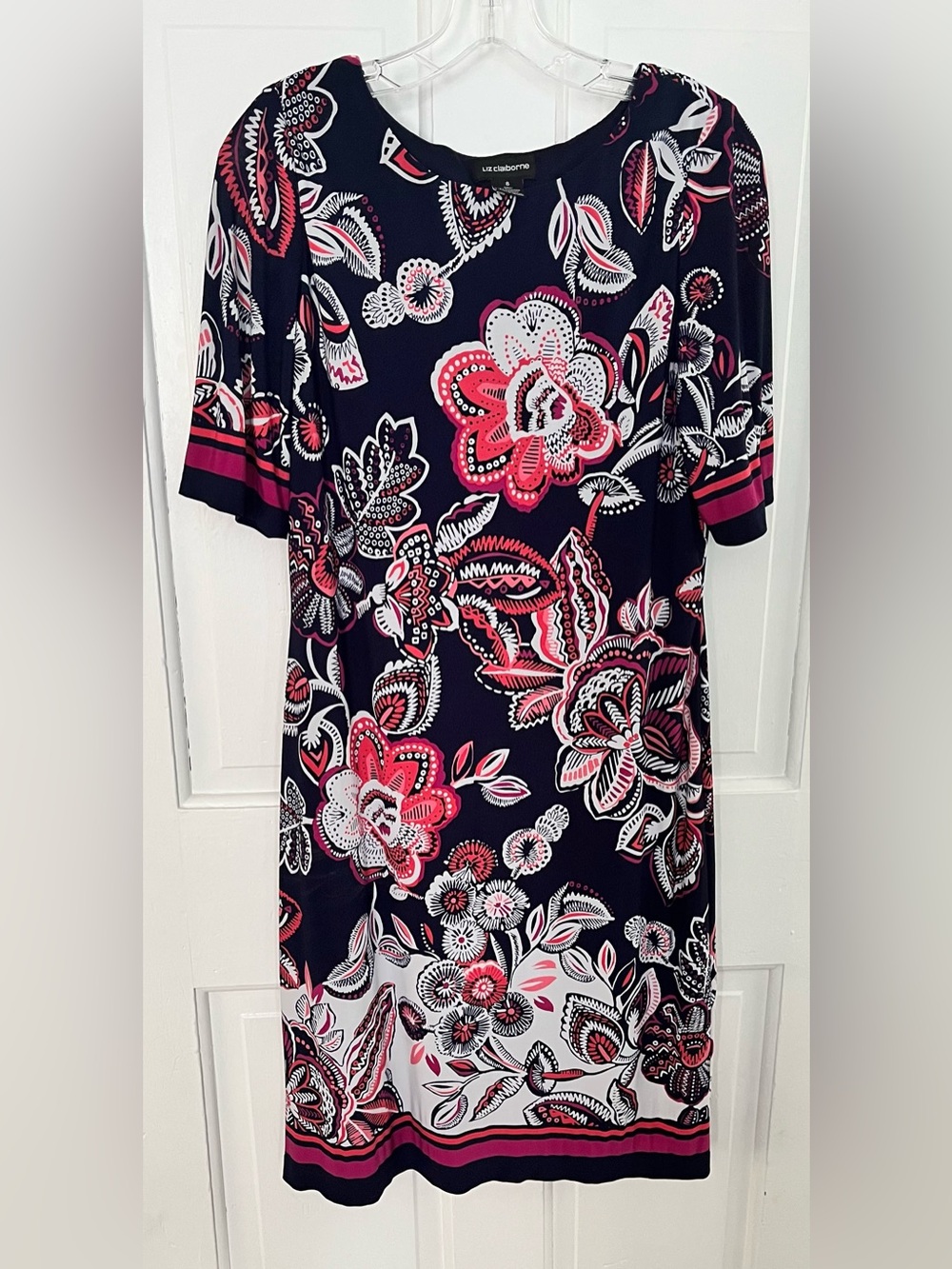 Liz Claiborne size 8 Navy Pink White Paisley Print Knit Dress